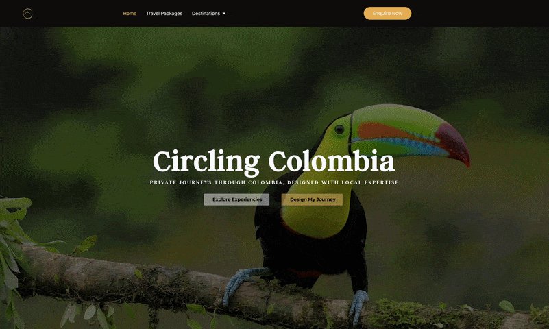 Animated walkthrough of the current Circling Colombia homepage