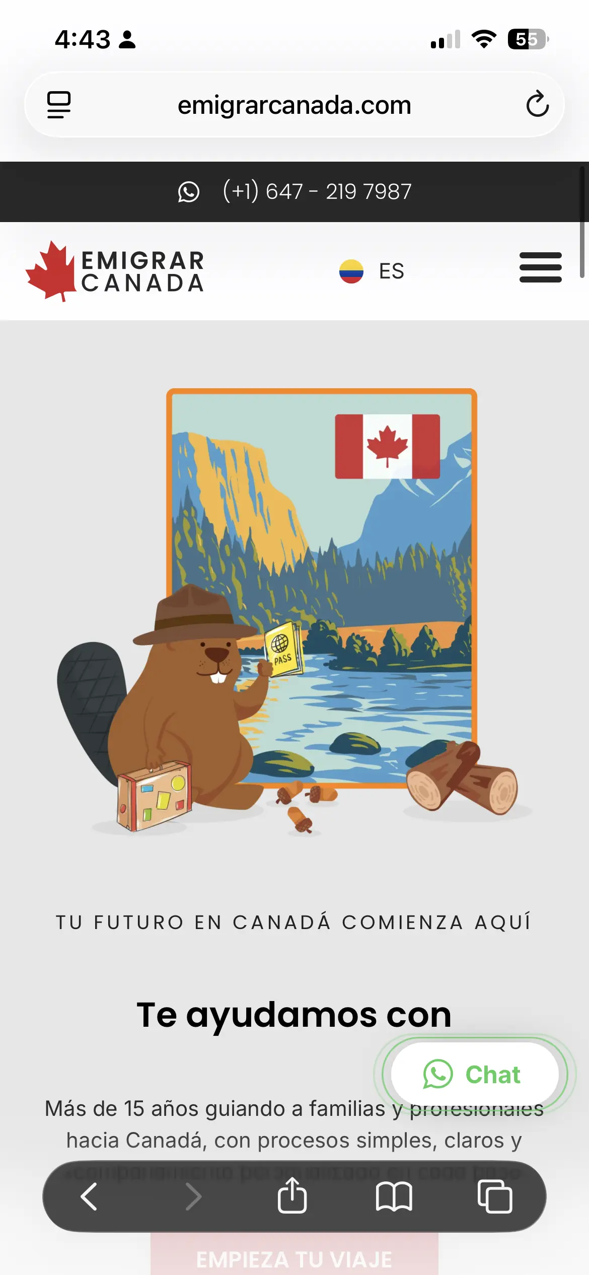 Emigrar Canada homepage displayed on mobile