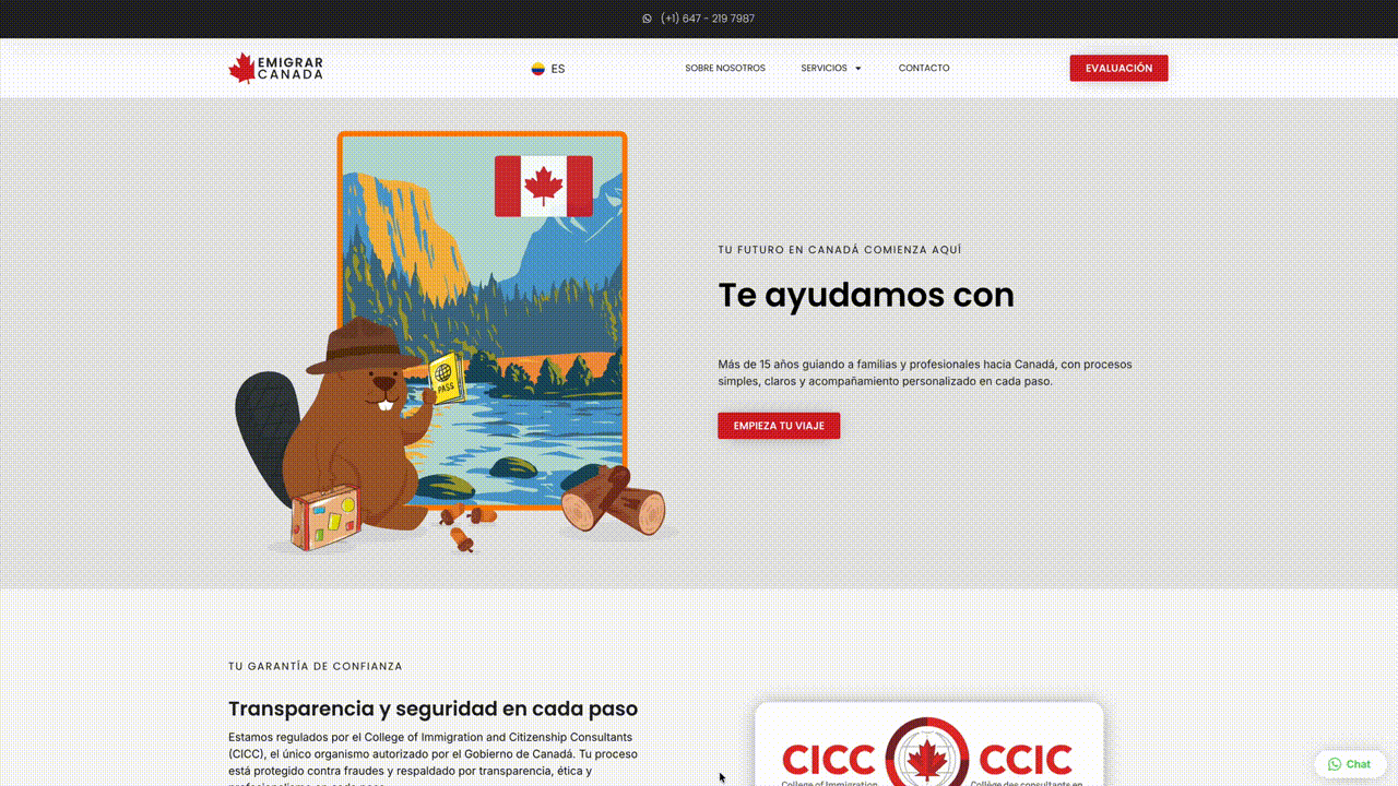 Animated walkthrough of the current Emigrar Canada desktop homepage