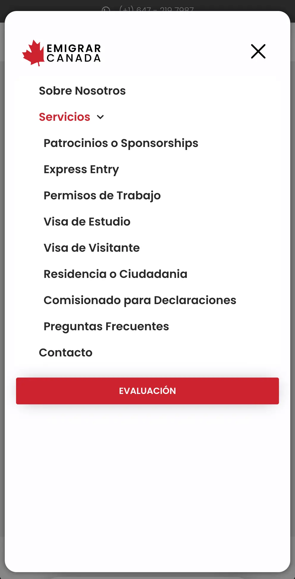 Mobile navigation menu listing Emigrar Canada services