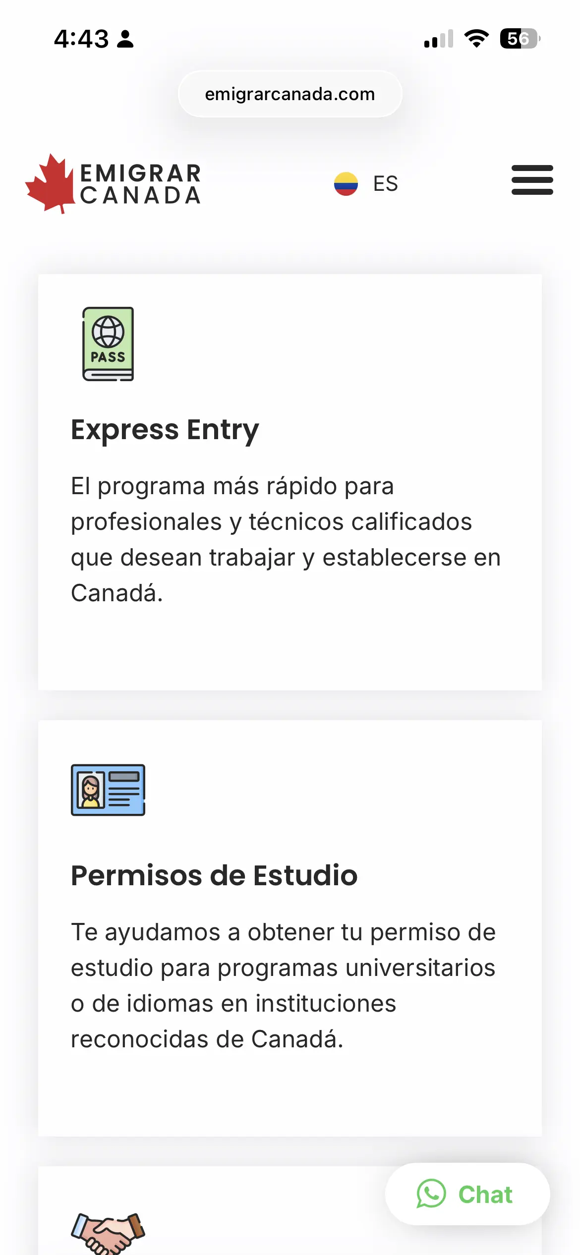 Mobile Emigrar Canada service categories